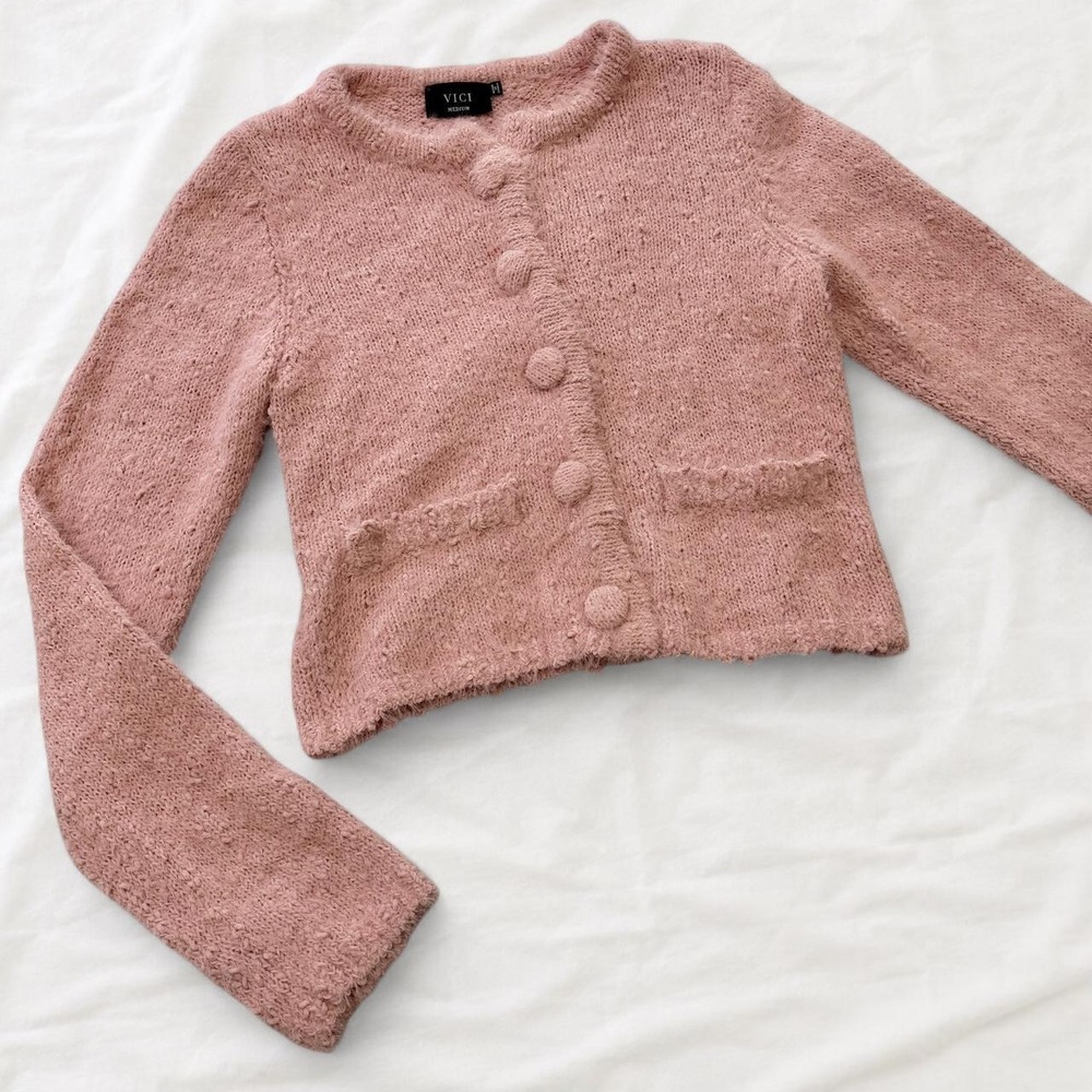 VICI pink retro Jackie O cropped knit cardigan medium